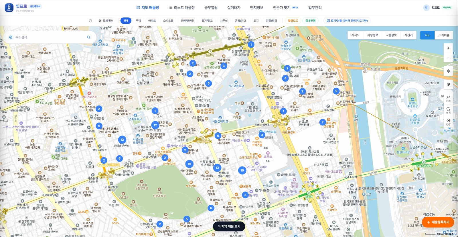 잇프로 지도 매물장. 등록한 매물이 지도 위에 마커로 표시되고 위에 매물종류 필터가 있습니다